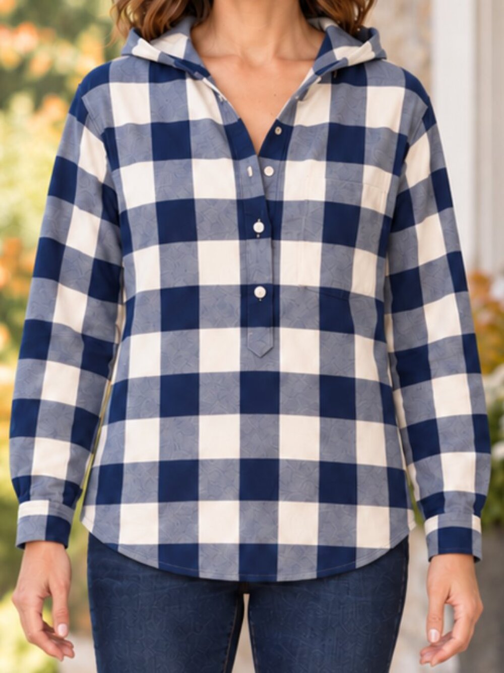 NWT L.L.Bean Navy Cream Buffalo Plaid Hooded Cotton Pullover M Petite